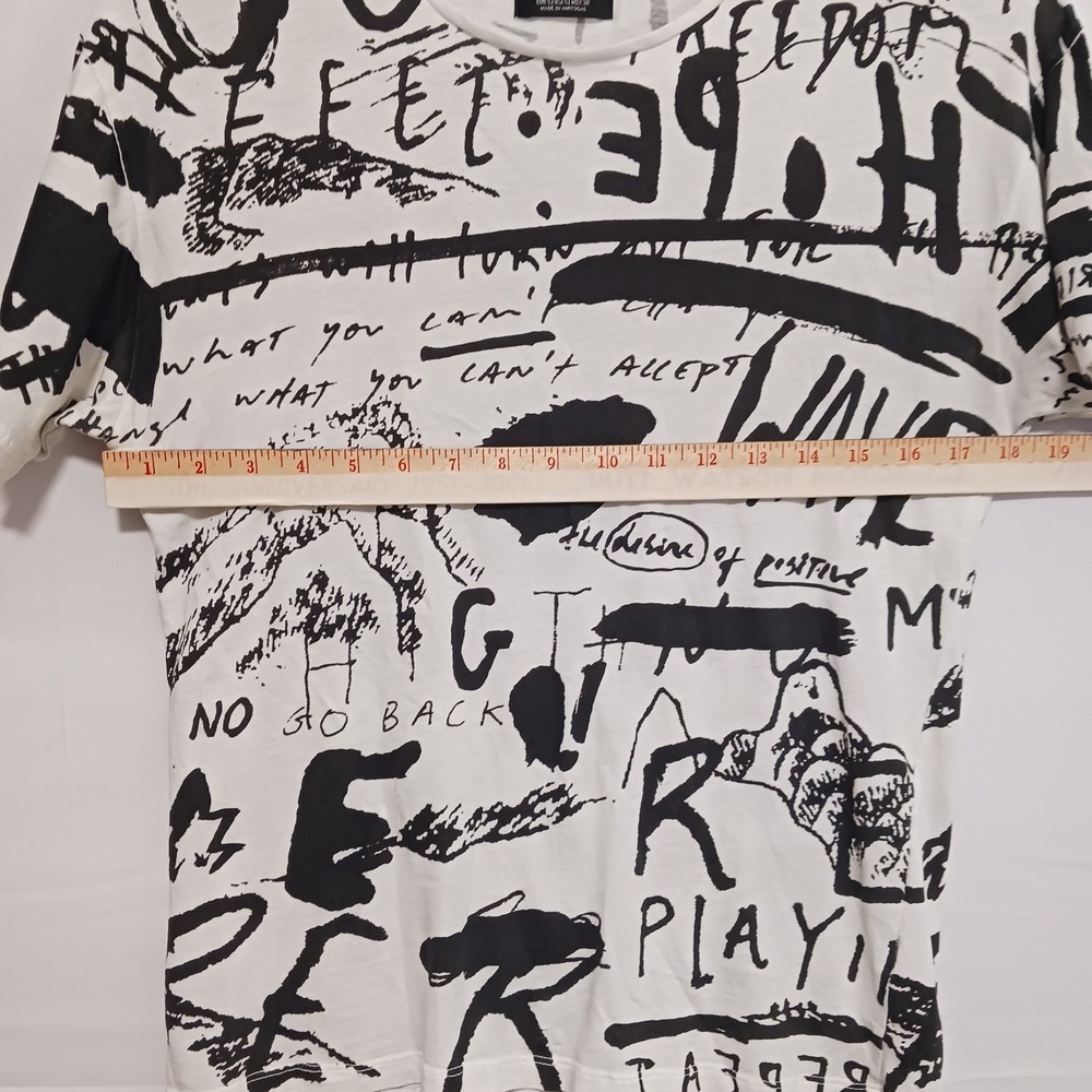 Zara Man White t-shirt with Black Graffiti Writing Sz S - Picture 3 of 9
